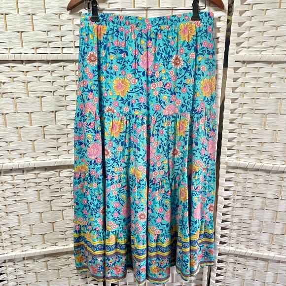 Hibluco Tiered Maxi Skirt Womens XL Blue Floral Boho Romantic Feminine Cottage - Picture 4 of 11